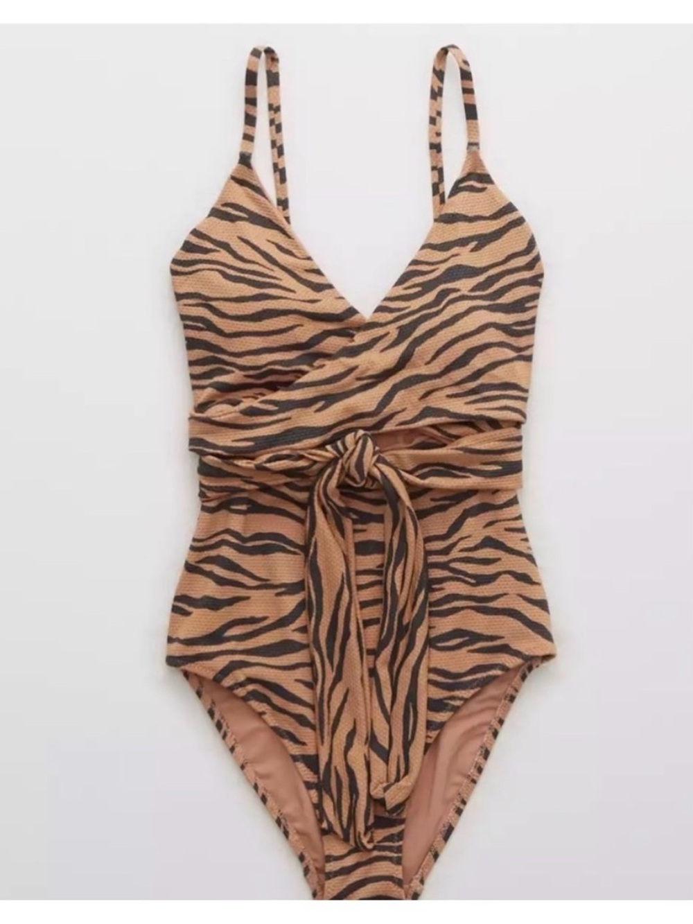 Aerie Tiger Stripe Animal Print Pique Wrap One Piece Swimsuit Tan Brown & Black - Picture 5 of 9